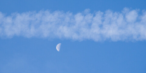 chemtrails, moon, blue sky, background, contrail, trail in the sky, conspiracy theory