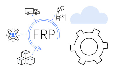 Central ERP connected to gear, factory, truck, cubes, and cloud. Ideal for business process, operations, workflow, logistics manufacturing software systems simple landing page