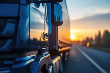 Sunset over road with blue truck