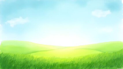 Fototapeta premium Sunny Pastel Landscape Illustration with Green Fields and Blue Sky