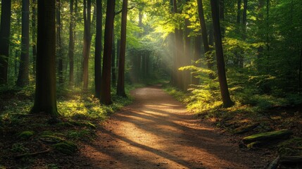 Obraz premium Sunlight Streams Down Through A Forest Path Lined With Trees