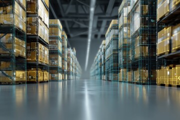 Modern Warehouse Interior with Digital Data Overlay Rows of Cardboard Boxes on Shelves