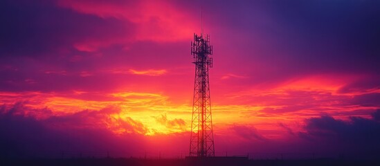 Fototapeta premium Fiery sunset backdrop, communication tower, landscape