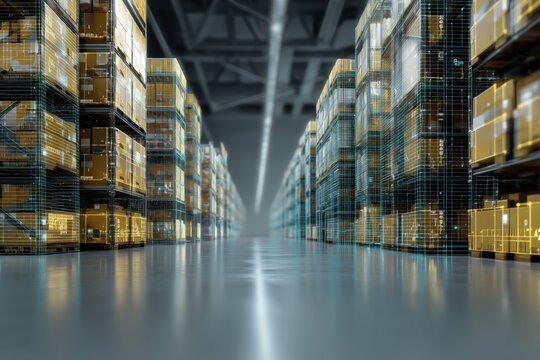 Modern Warehouse Interior with Digital Data Overlay Rows of Cardboard Boxes on Shelves - Powered by Adobe