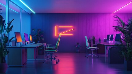 Vibrant, Neon-Lit Modern Office Space.