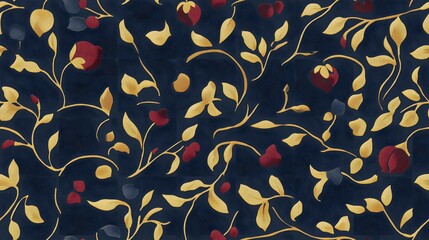 Dark navy fabric features a repeating pattern of gold flowers and leaves.
