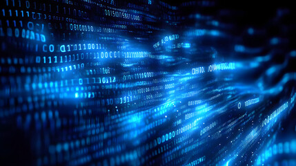 Blue digital binary data on computer screen background