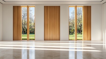 Fototapeta premium Interior with wooden doors trees in view sunlight and marble floor