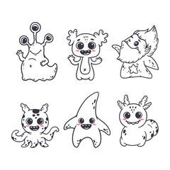set of cartoon monsters. Cute monsters in doodle style. Kids funny character design for posters, cards, magazins. Line. Vector illustration
