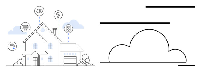 Connected smart home with energy, security, and appliance monitoring icons, linked to cloud. Ideal for technology, IoT, automation, energy efficiency, innovation smart living network solutions