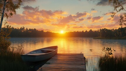 Obraz premium A tranquil lake scene featuring a sunset and a boat