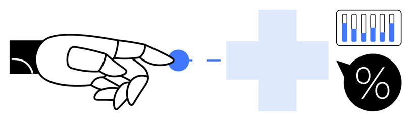 Robotic hand touching blue dot, health cross, bar chart, and percentage speech bubble. Ideal for AI in healthcare, innovation, technology, digital solutions, modern medicine data analysis simple