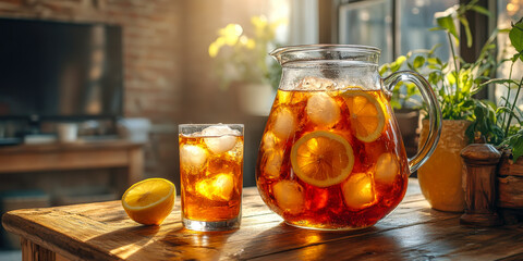 Refreshing iced tea served in a pitcher with lemon slices and ice at a cozy kitchen table in the afternoon sunlight