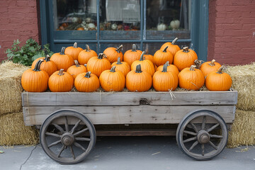 Wooden cart with pumpkins and hay bale