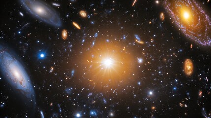 Close up of a glowing star with a background of swirling galaxies and cosmic phenomena