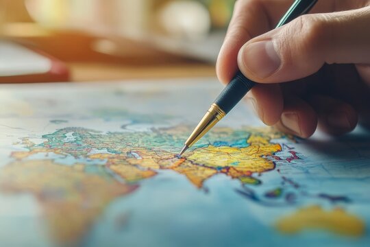 Businessman holding pen on digital hologram of world map with global connectivity concept