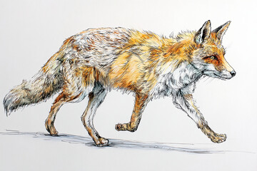 Watercolor Illustration of A Red Fox Walking Gracefully on White Background

