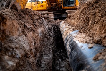 Close up of excavator digging trench for water main pipe at construction site with machinery
