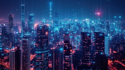 Fototapeta premium Futuristic city skyline with networking and connected communication technologies