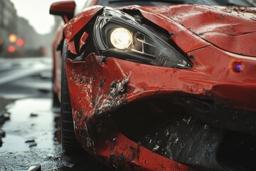 Close up view of a red car accident  crumpled hood and headlight on the road after collision
