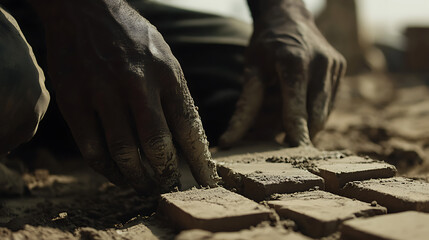 Hands Molding Clay Bricks