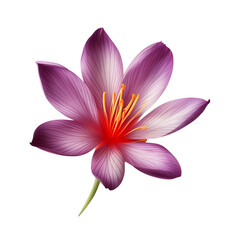 Fototapeta premium detailed illustration of a single saffron crocus flower with delicate purple and white striped petals, vibrant orange stigmas, and yellow anthers on a light gray background. Elegant and colorful
