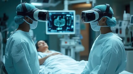 Surgeons using virtual reality headsets during surgery in operating room