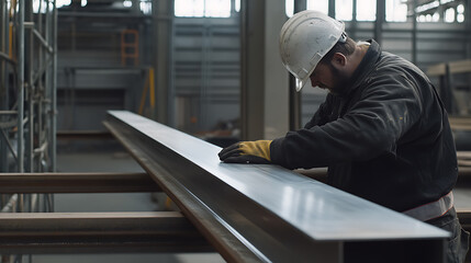 Worker Inspecting Metal Beam in Industrial Setting