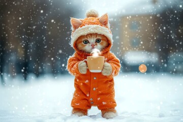 Social promotion - animal care. Problem of animal suffering. Sad cute baby cat ragamuffin in winter warm clothes, holding hot tea with rising steam in paws. Pet winter gloves. Warm pet clothing.