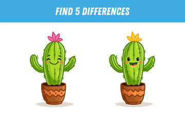 Find 5 differences between two pictures of cute cartoon cactus in a pot isolated on white background. Funny cacti in flat style. Activity page. 