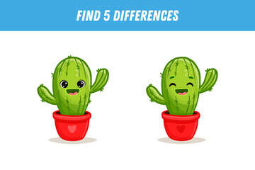 Find 5 differences between two pictures of cute cartoon cactus in a pot isolated on white background. Funny cacti in flat style. Activity page.
