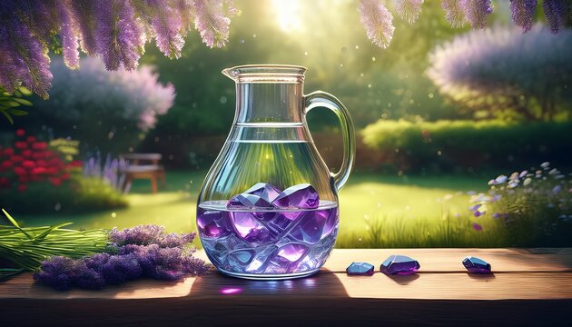 Großer Glaskrug mit Wasser und Amethysten auf Gartentisch im Frühlingsgarten
