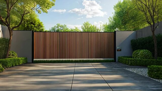 Modern wooden gate driveway, lush landscaping, sunny day