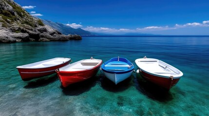 Naklejka premium Four colorful rowboats moored in a crystal-clear cove, bathed in sunlight.