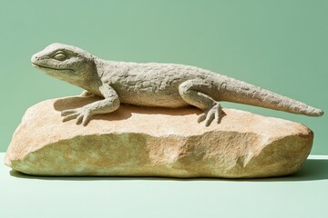 Fototapeta premium Detailed stone carving of a lizard on a rock.