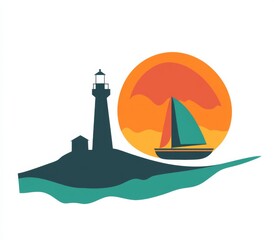 Abstract flat vector art featuring a sailboat and lighthouse on the horizon during a sunset, with a pastel color palette.