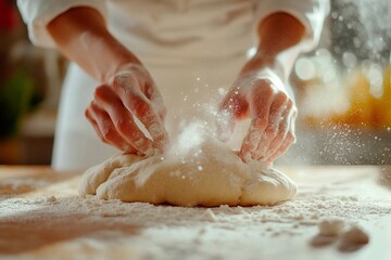 A baker skillfully kneads dough on a wooden countertop, surrounded by flour. Bright morning light filters in, enhancing the warm atmosphere of the kitchen
