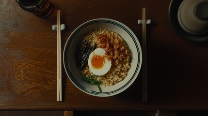 Warm Bowl of Arroz Caldo with Fried Garlic and Egg Toppings