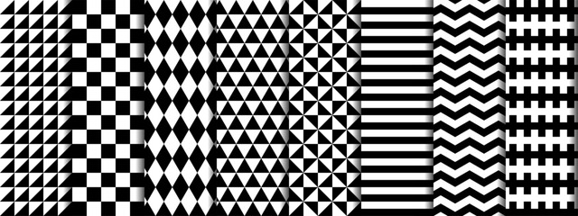 Seamless geometric pattern set. Retro abstract backgrounds with grids, lines, diamonds, checkerboard.