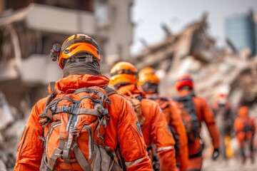 Brave orange costumed rescue team in protective gear amidst earthquake damaged buildings