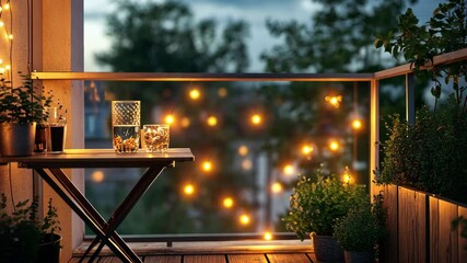 Warm string lights glowing above trees and wooden fence.  - Powered by Adobe