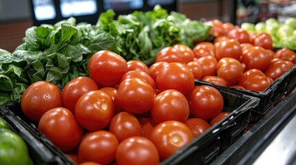 Fresh, ripe red tomatoes and vibrant green lettuce displayed in market bins.