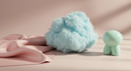 Obraz premium Pastel Pink Fabric Light Blue Cotton Candy and Mint Green Figurine on a Soft Background