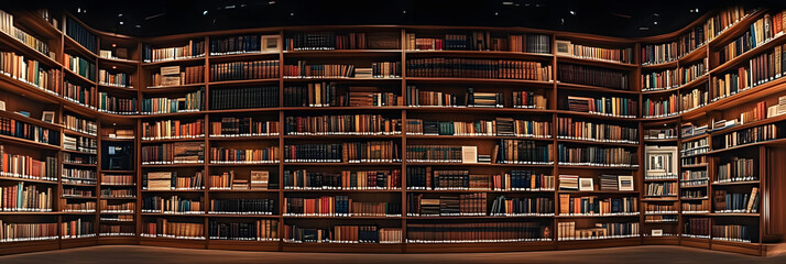 The background is large wooden bookshelves full of books on wall in the library. Knowledge archives