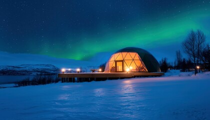 Igloo dome at night, aurora borealis