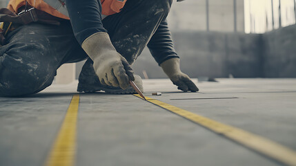 Fototapeta premium Construction Worker Measuring Floor with Tape Measure