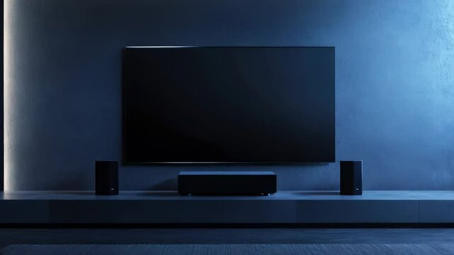 Modern minimalist home theater room with large screen tv and surround sound system in sleek blue and black interior design