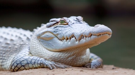 Obraz premium Albino crocodile close-up. A young, albino crocodile, resting on a sandy bank, displays a watchful, alert expression. Its skin is a pure white, contrasting with the dark, blurred background.