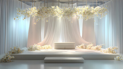 A simple elegant wedding stage backdrop decorated with lush greenery, fairy lights for romantic ambiance