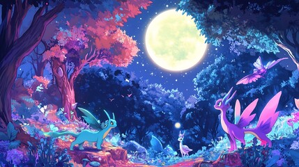 Fototapeta premium Colorful anime style forest with mystical creatures under a bright full moon